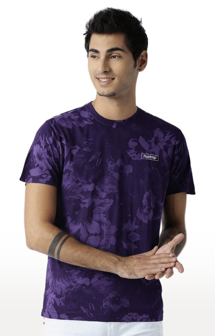 Men's Purple Cotton Floral Printed Regular T-Shirt