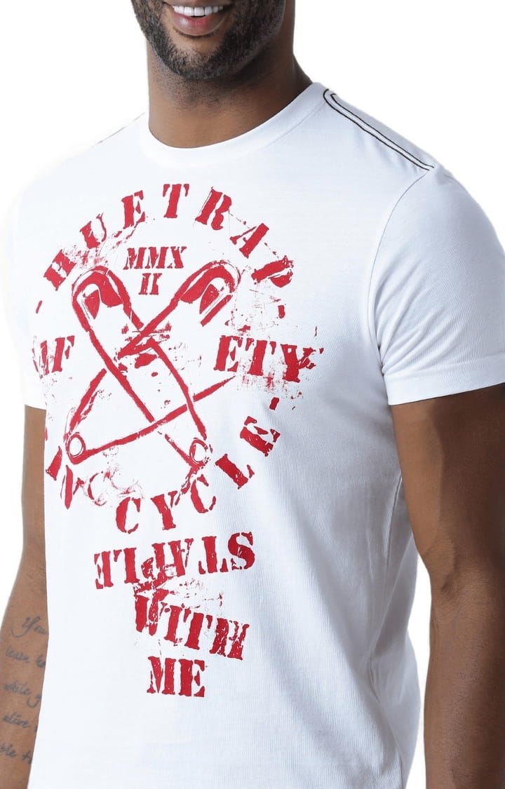 Men's White Cotton Typographic T-Shirt