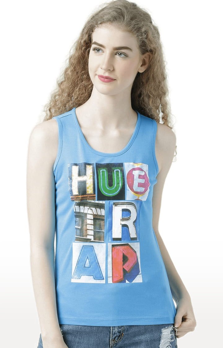 Women's Turquoise Blue Cotton Printed Tank Top
