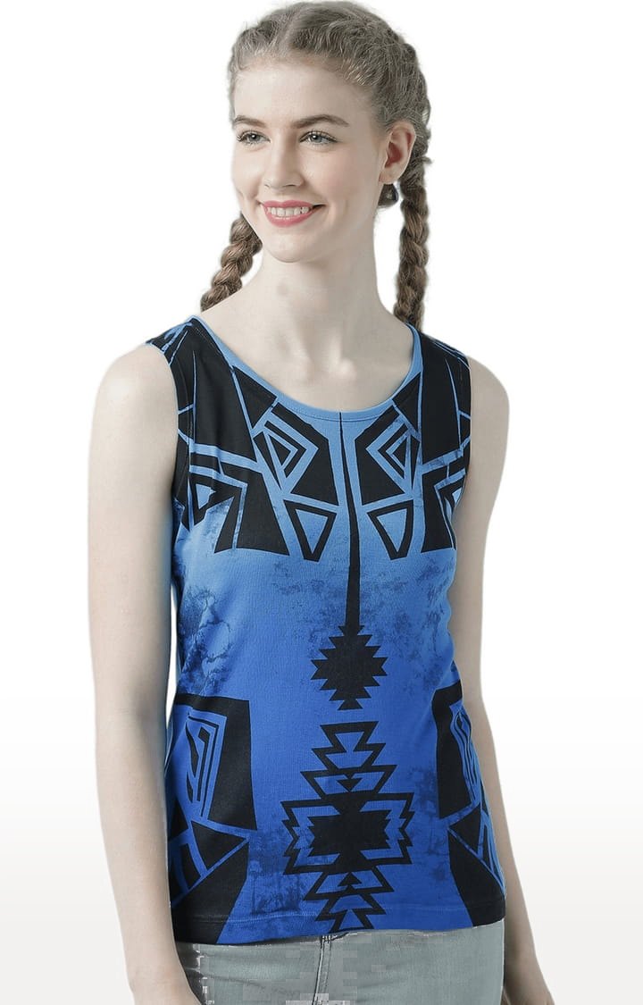 Women's Turquoise Blue Cotton Printed Tank Top