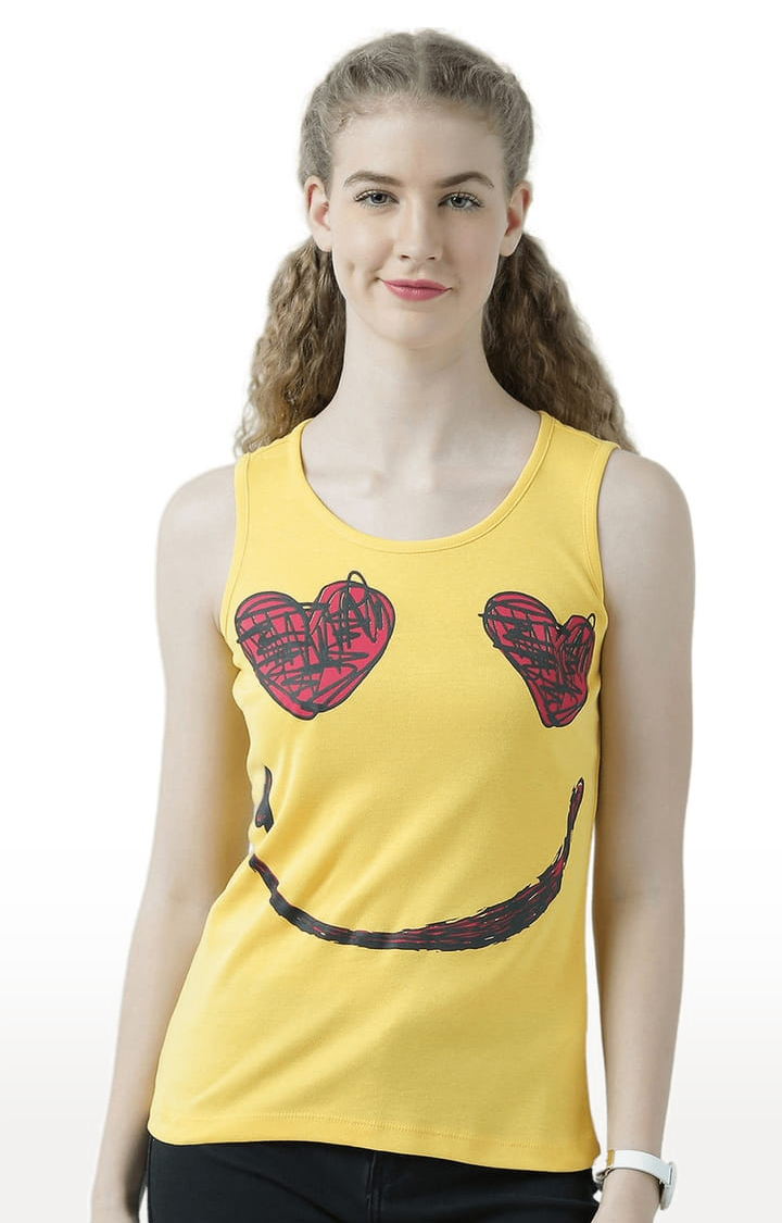 Women's Yellow Cotton Printed Tank Top
