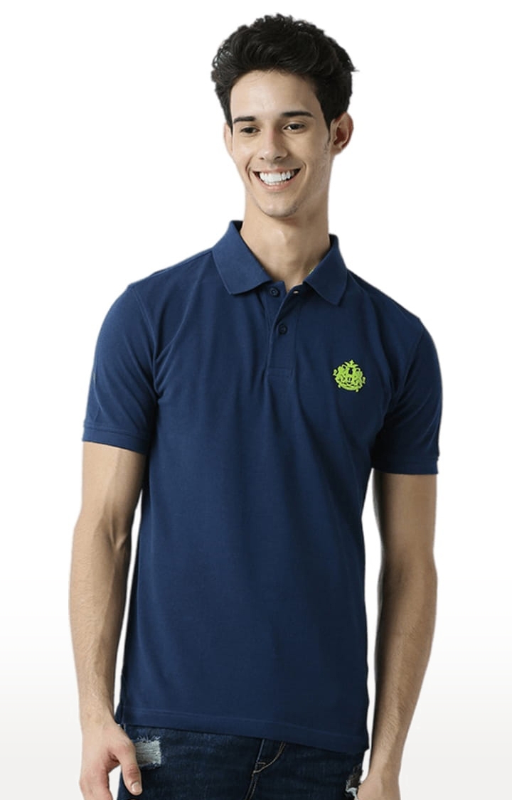 Men's Navy Blue Cotton Solid Polo T-Shirt