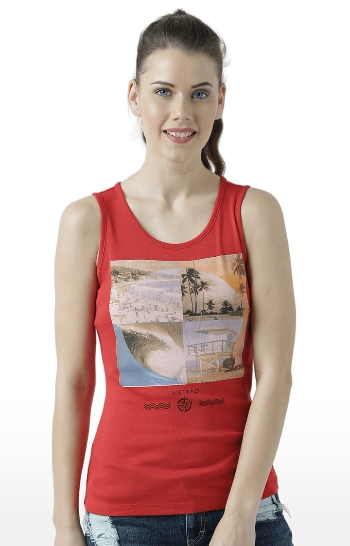 Women's Red Cotton Printed Tank Top