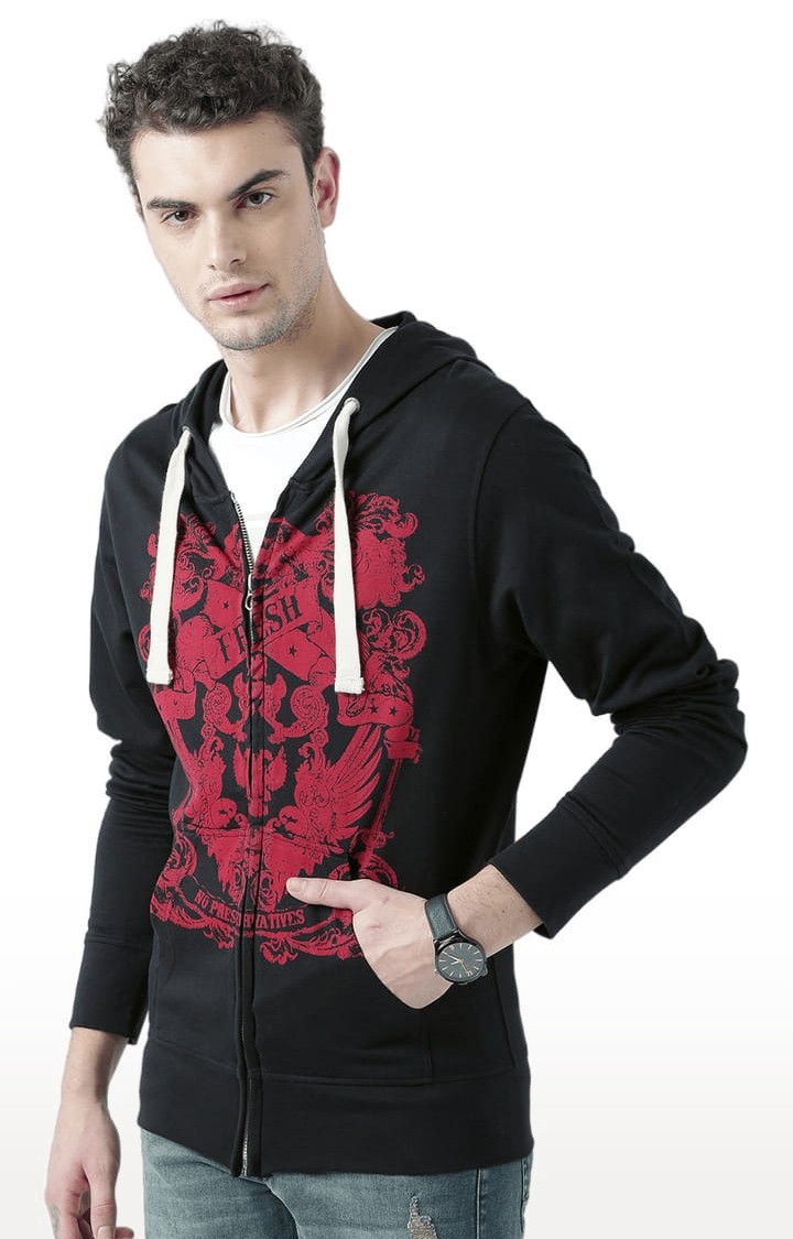 HUETRAP | Men's Black Cotton Printed Hoodie