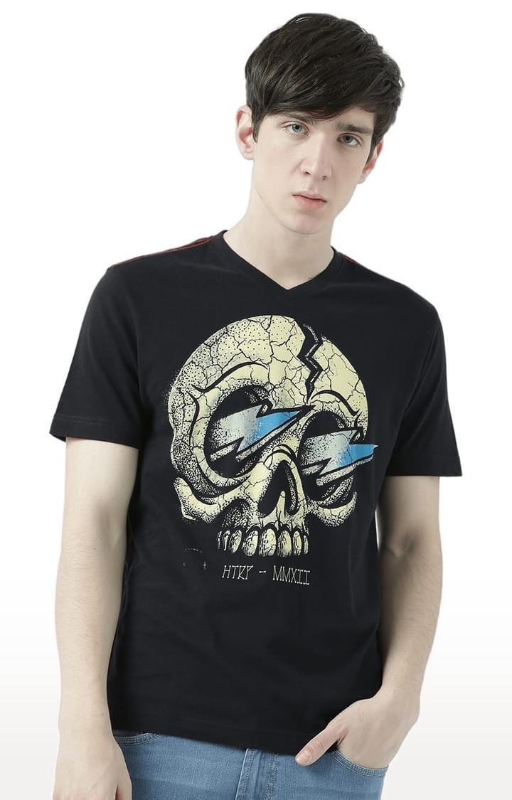 Men's Black Cotton Graphics T-Shirt