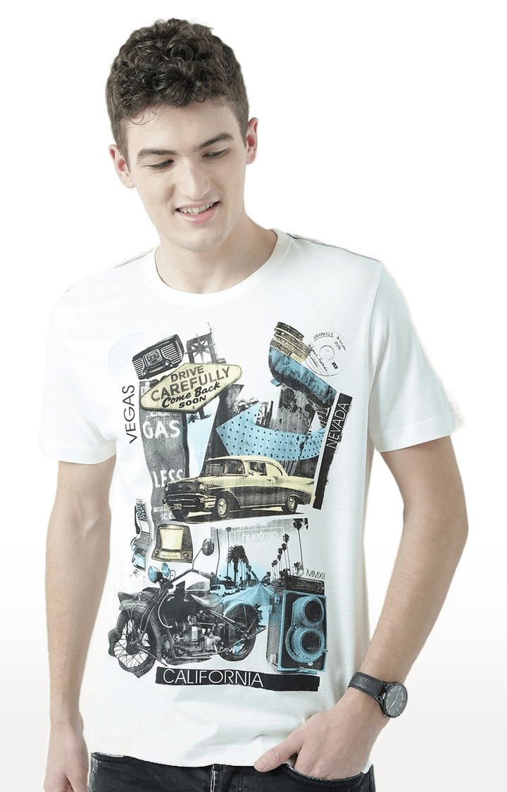 Men's Off White Cotton Graphics T-Shirt