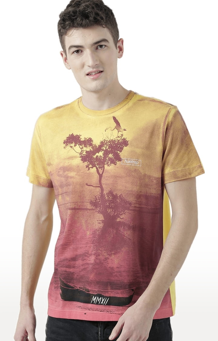 Men's Yellow Cotton Printed T-Shirt