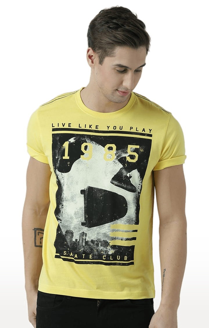 Men's Yellow Cotton Printed T-Shirt