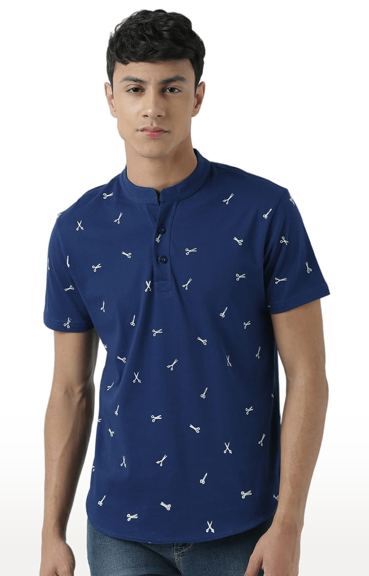 Men's Navy Blue Printed Regular Fit Henley Neck T-Shirts