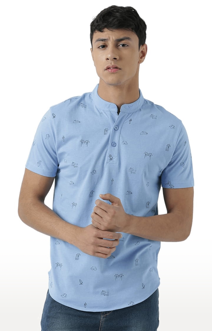 Men's Blue Printed Regular Fit Henley Neck T-Shirts