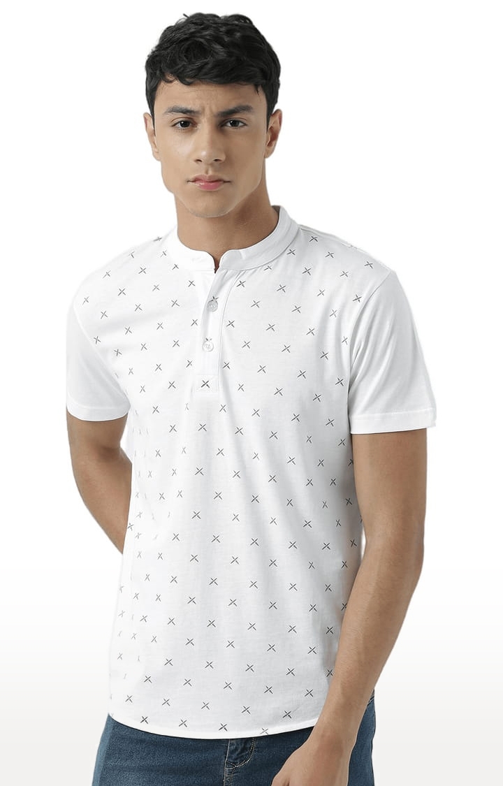 Men's White Printed Regular Fit Henley Neck T-Shirts