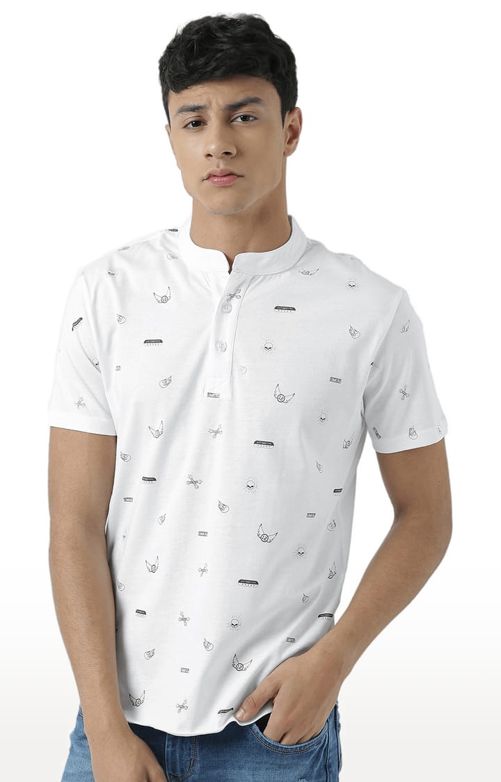 Men's White Printed Regular Fit Henley Neck T-Shirts