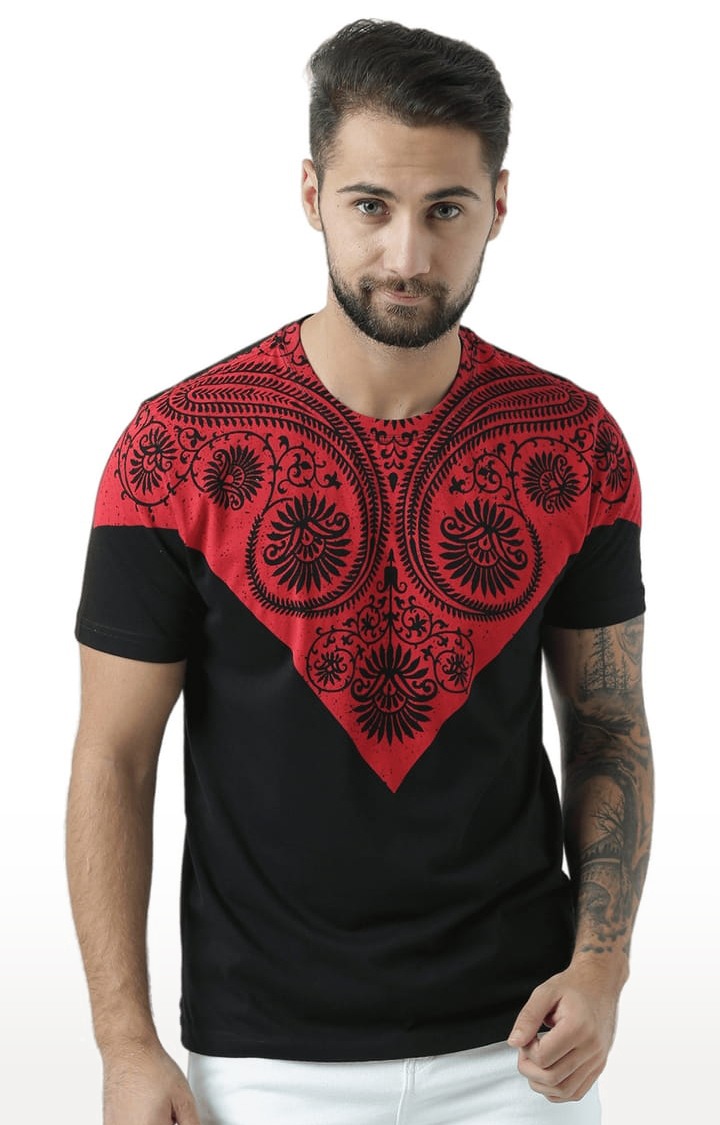 Men's Black and Red Cotton Printed Regular T-Shirt