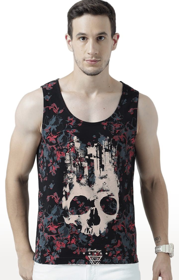 Men's Black Cotton Printed Vest