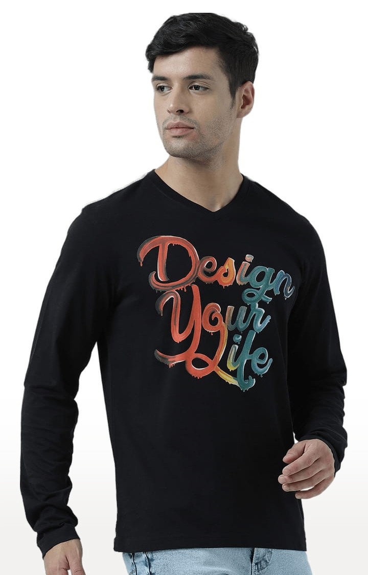 Men's Black Cotton Typographic Printed T-Shirt