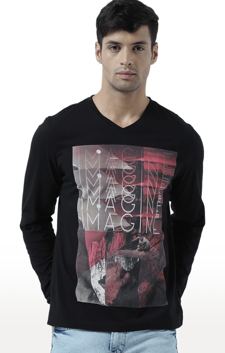 Men's Black Cotton Printed Regular T-Shirt