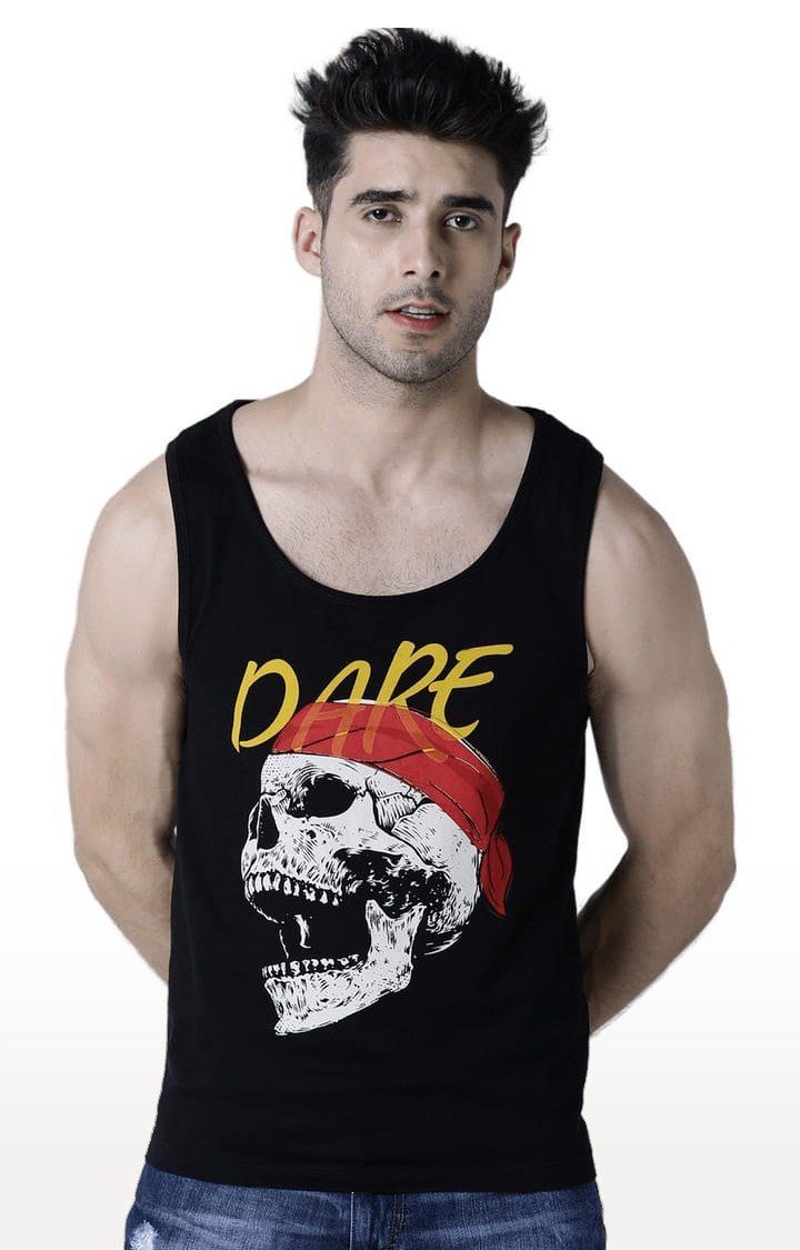 Men's Black Cotton Graphic Printed Vest