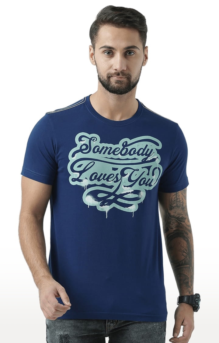 Men's Launch Navy Cotton Typographic Printed T-Shirt
