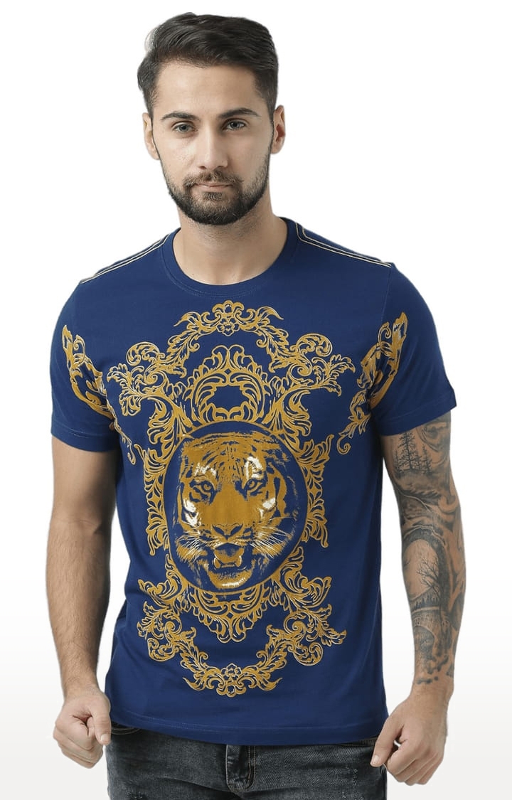 Men's Navy Blue Cotton Graphic Printed Regular T-Shirt
