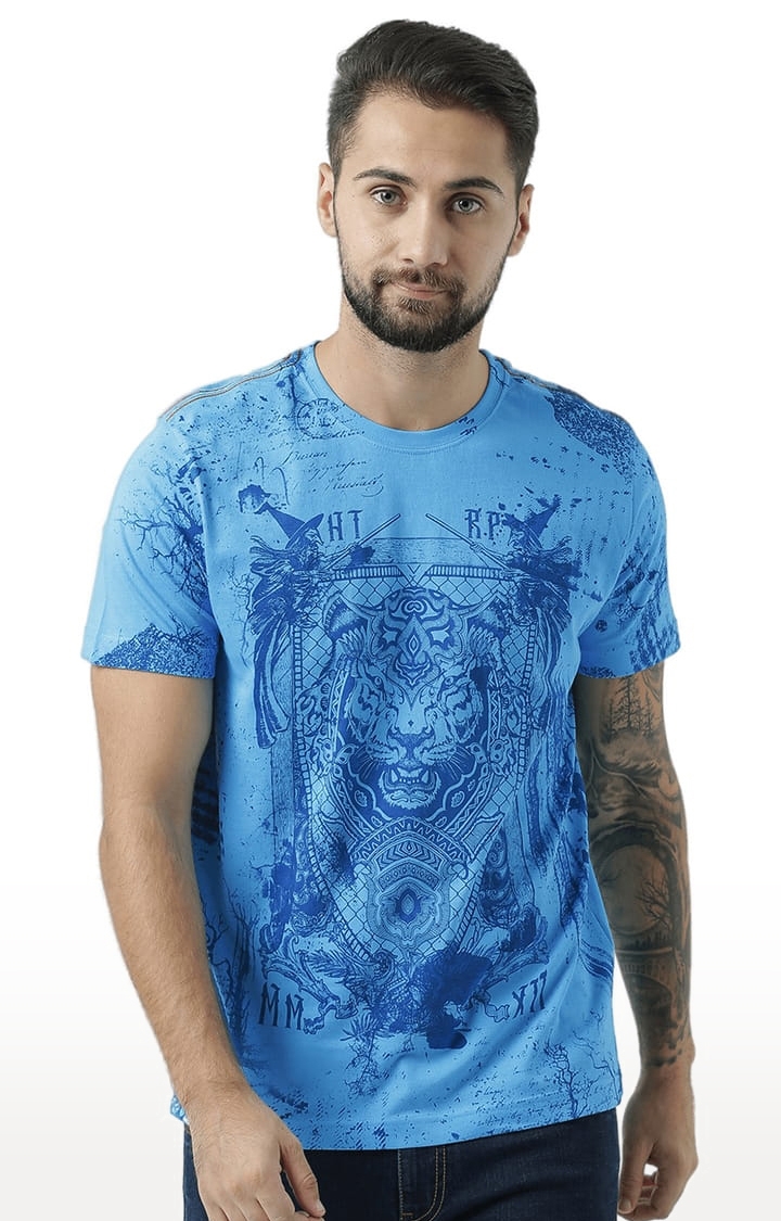 Men's Turquoise Blue Cotton Graphics T-Shirt
