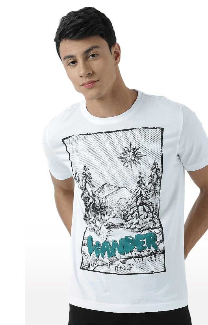 Men's White Cotton Printed Regular T-Shirt