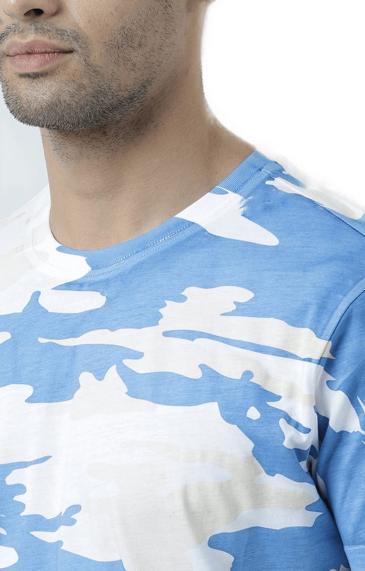Men's White and Blue Cotton Camouflage Regular T-Shirt
