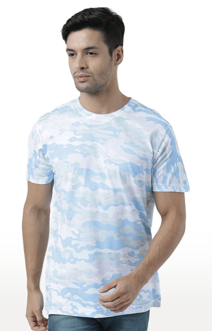 Men's White and Blue Cotton Camouflage Regular T-Shirt