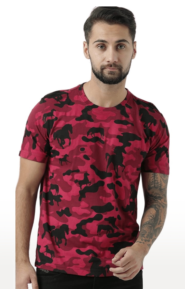 Men's Wine Cotton Camouflage T-Shirt