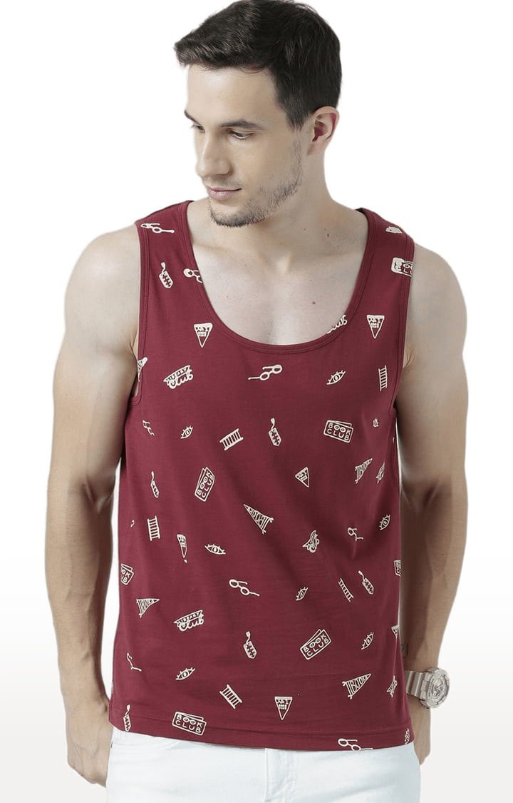 Men's Red Cotton Printed Vest