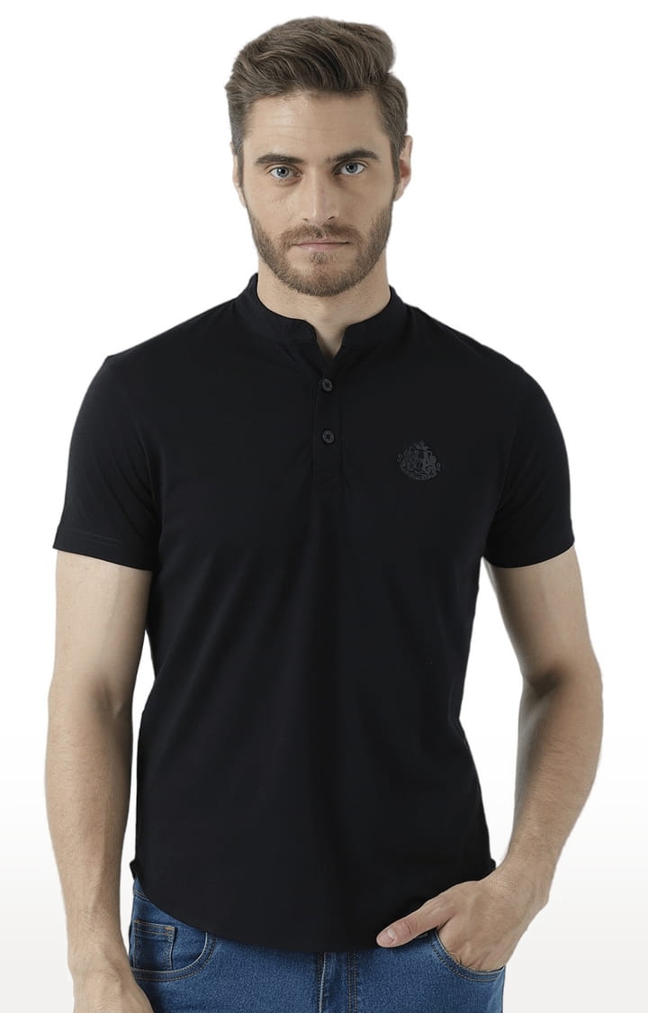 Men's Black Solid Regular Fit Henley Neck T-Shirts