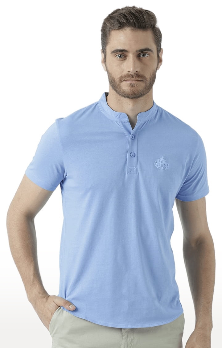Men's Blue Solid Regular Fit Henley Neck T-Shirts