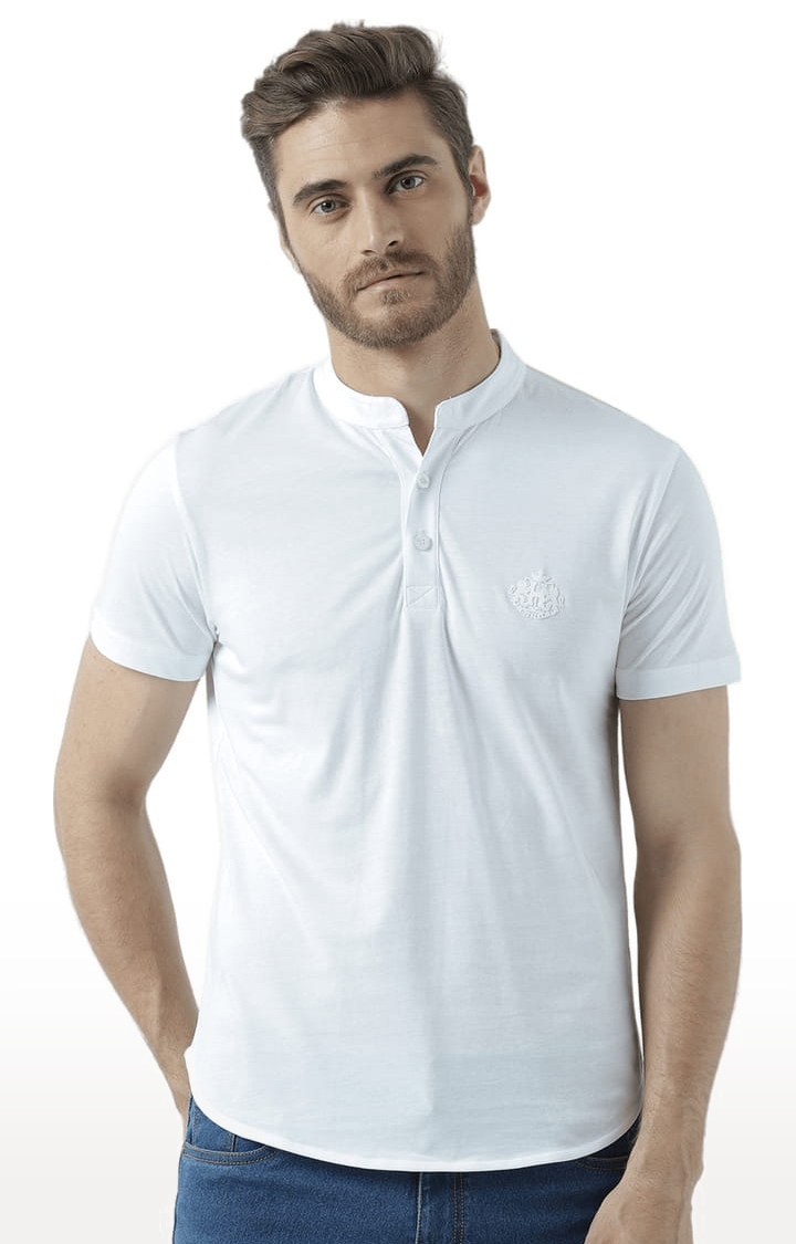 Men's White Solid Regular Fit Henley Neck T-Shirts