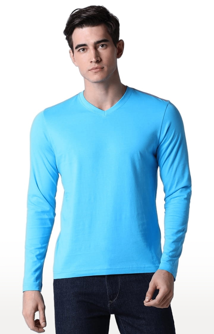 Men's Turquoise Blue Cotton Solid T-Shirts