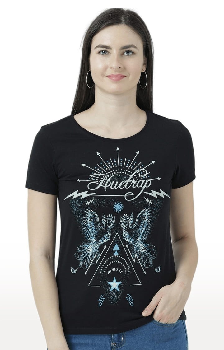 Women's Black Cotton Printed Regular T-Shirt