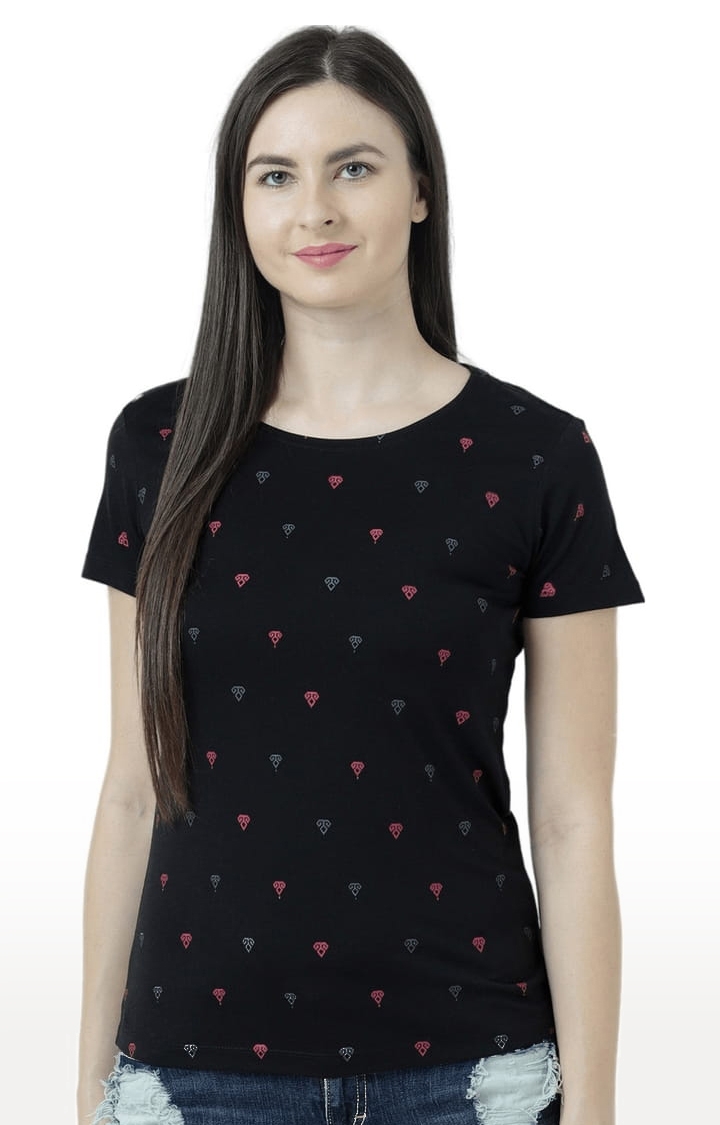 Women's Black Cotton Printed Regular T-Shirt