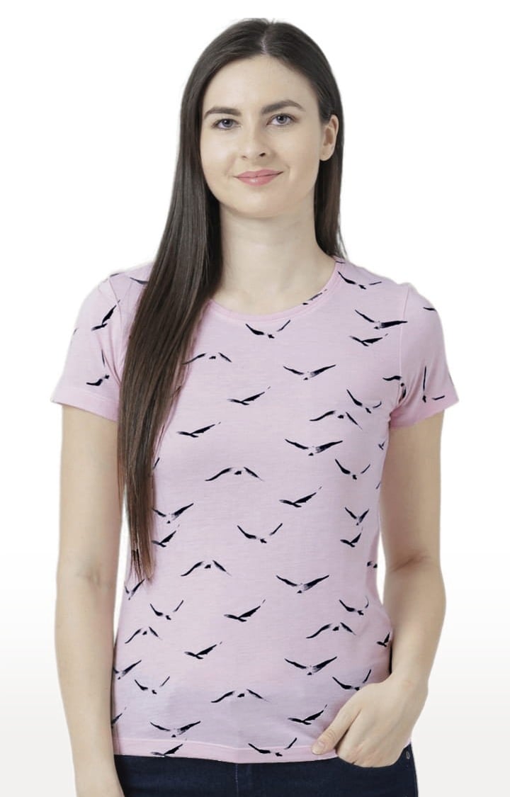Women's Pink Cotton Printed Regular T-Shirt