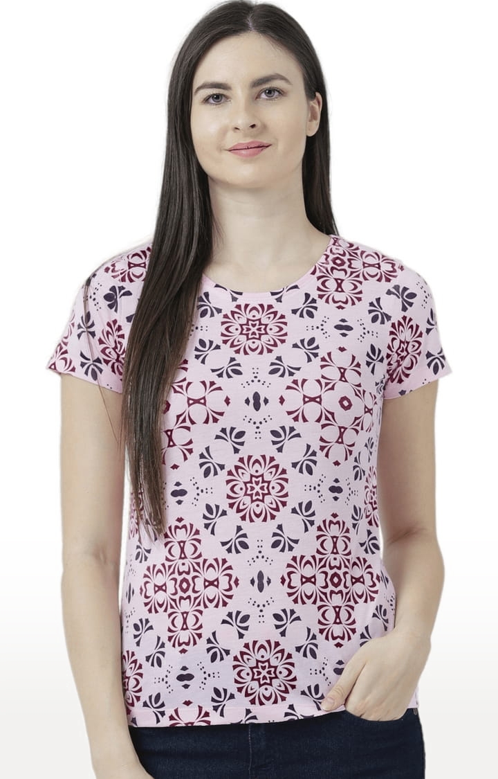Women's Pink Cotton Printed Regular T-Shirt