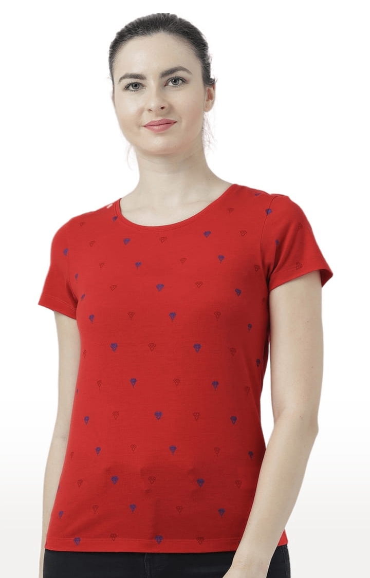 Women's Red Cotton Printed Regular T-Shirt