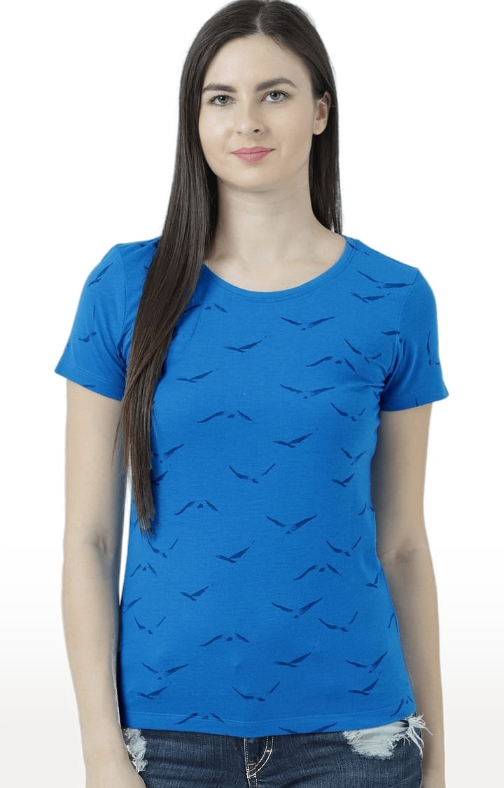 Women's Blue Cotton Printed Regular T-Shirt