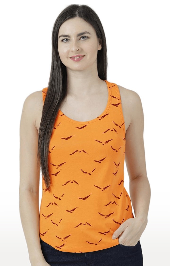 Women's Blazing Orange Cotton Printed Tank Top