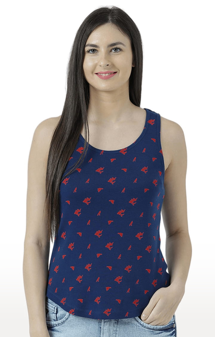 Women's Navy Blue Cotton Printed Tank Top