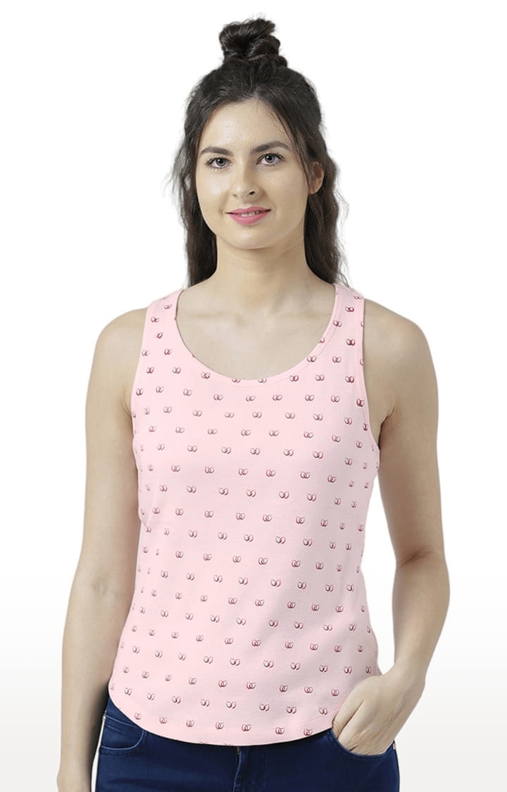 Women's Light Pink Cotton Printed Tank Top