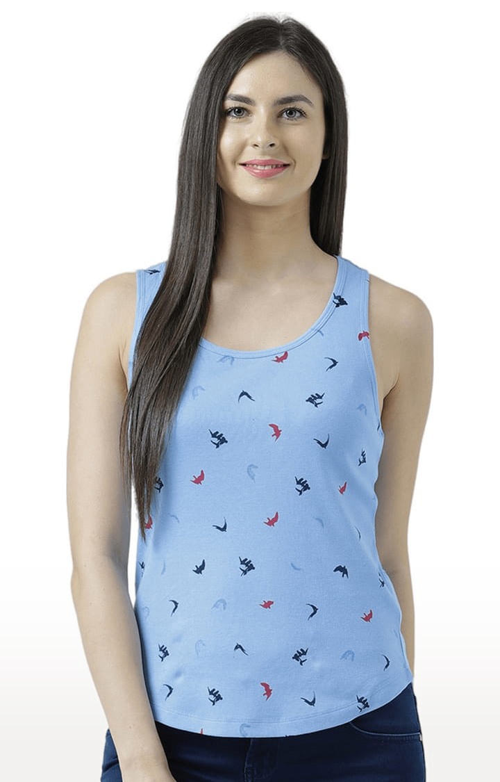 Women's Light Blue Cotton Printed Tank Top