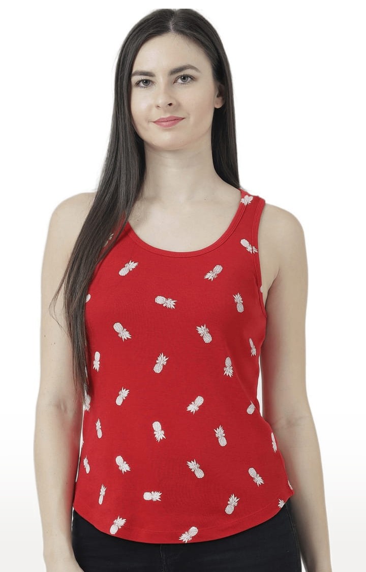 Women's Red Cotton Printed Tank Top