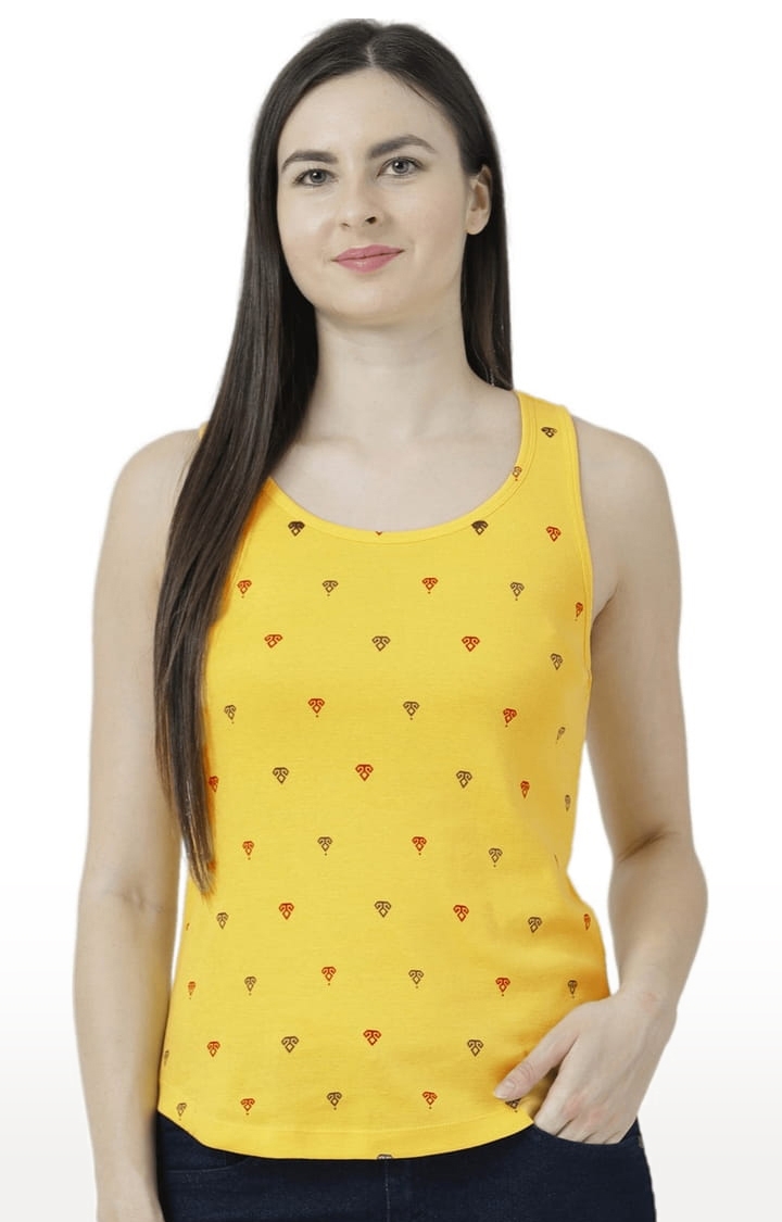 Women's Yellow Cotton Printed Tank Top