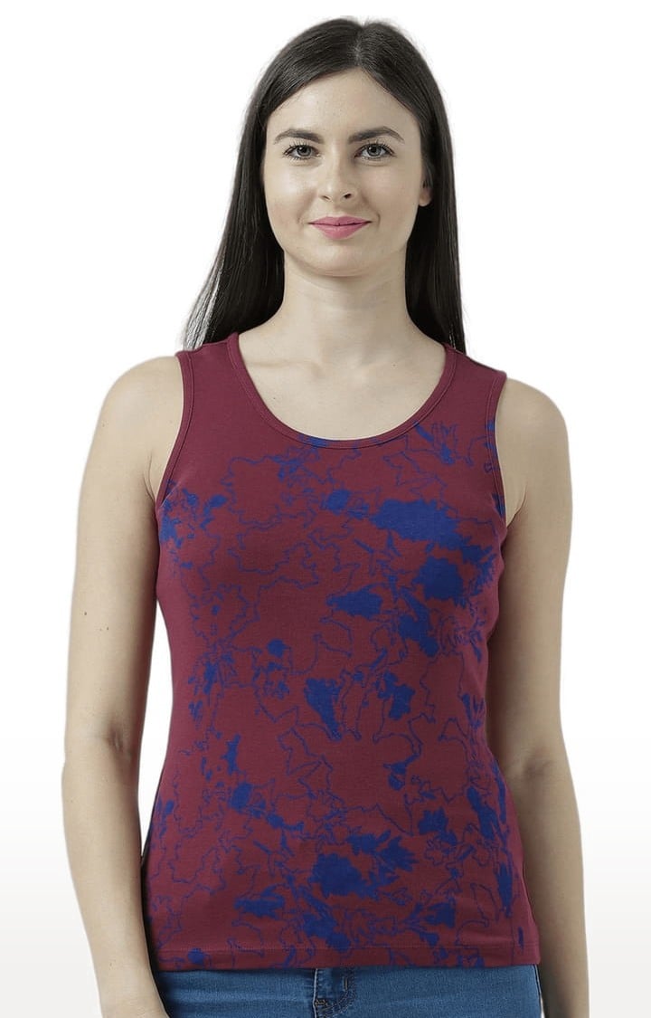 Women's Wine Cotton Printed T-Shirt