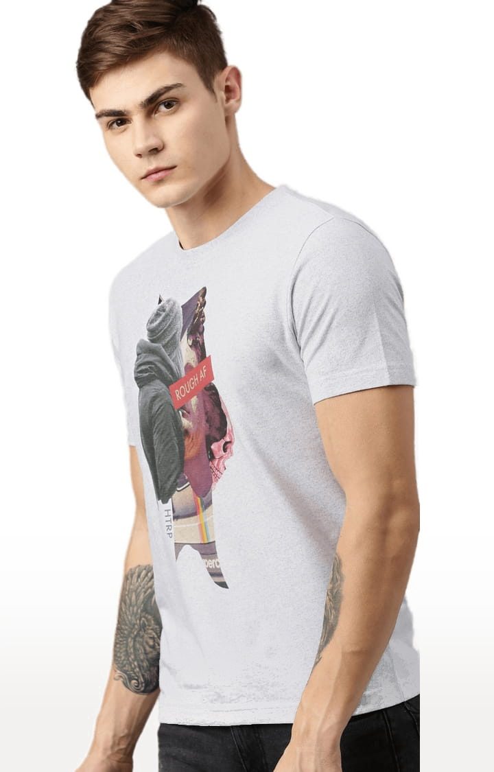 Men's White Melange Cotton Blend Graphics T-Shirt
