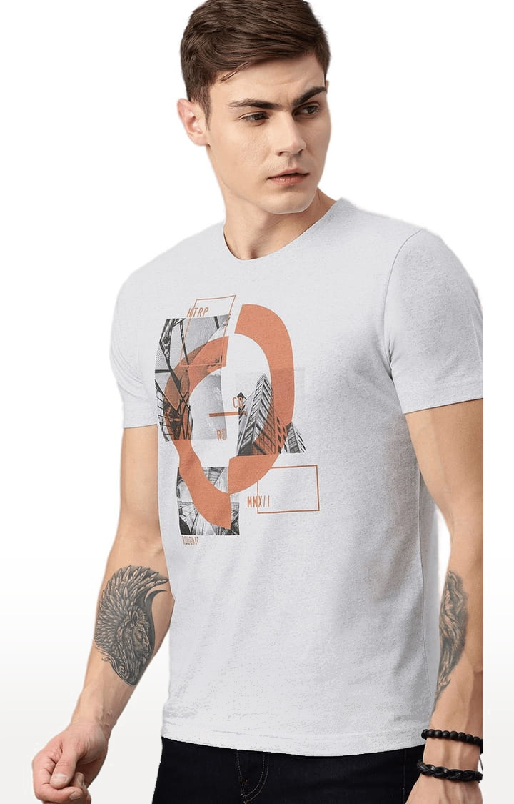 Men's White Melange Cotton Blend Graphics T-Shirt