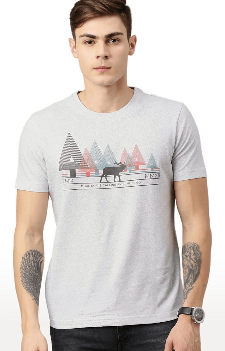 Men's Grey Cotton Blend Printed Regular T-Shirt