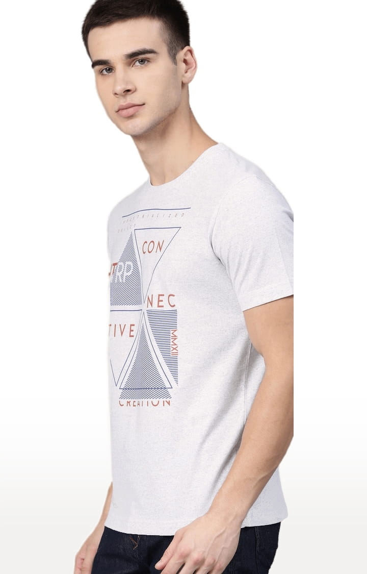 Men's White Melange Cotton Blend Typographic Printed T-Shirt